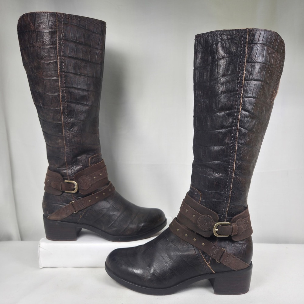 UGG Women's 7 Esplanade Riding Boots Croco Java Brown Sheepskin Footbed